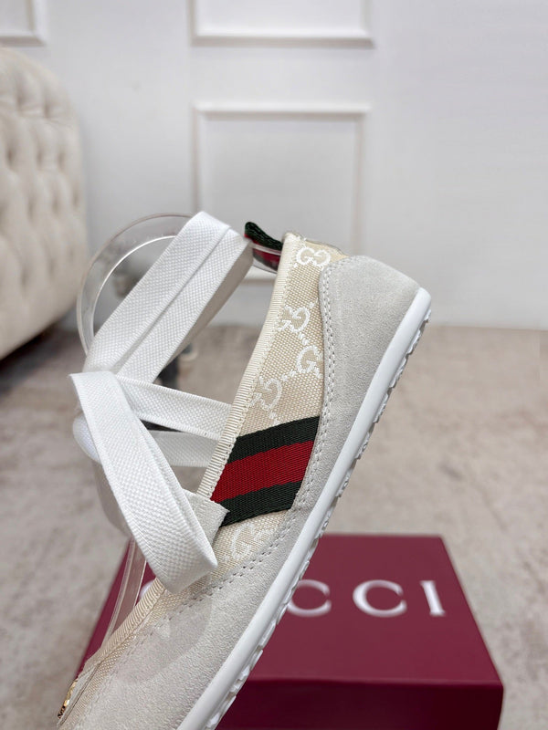 GG Lace-Up Ballet Flats White Canvas Suede 929236