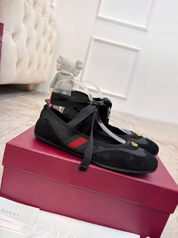 GG Lace-Up Ballet Flats Black Canvas Suede 929235