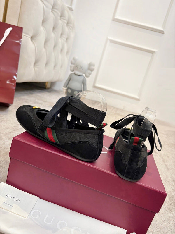 GG Lace-Up Ballet Flats Black Canvas Suede 929235
