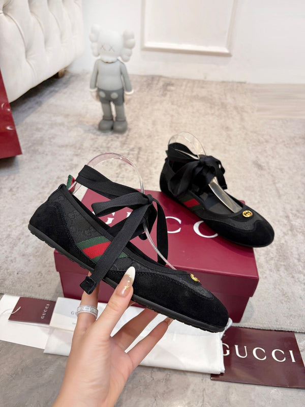 GG Lace-Up Ballet Flats Black Canvas Suede 929235