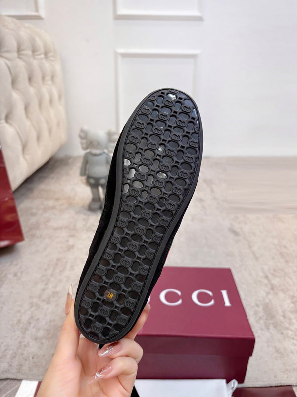 GG Lace-Up Ballet Flats Black Canvas Suede 929235