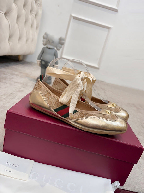 GG Shift Ballerina Flats Beige Jacquard Canvas & Gold Leather 929234