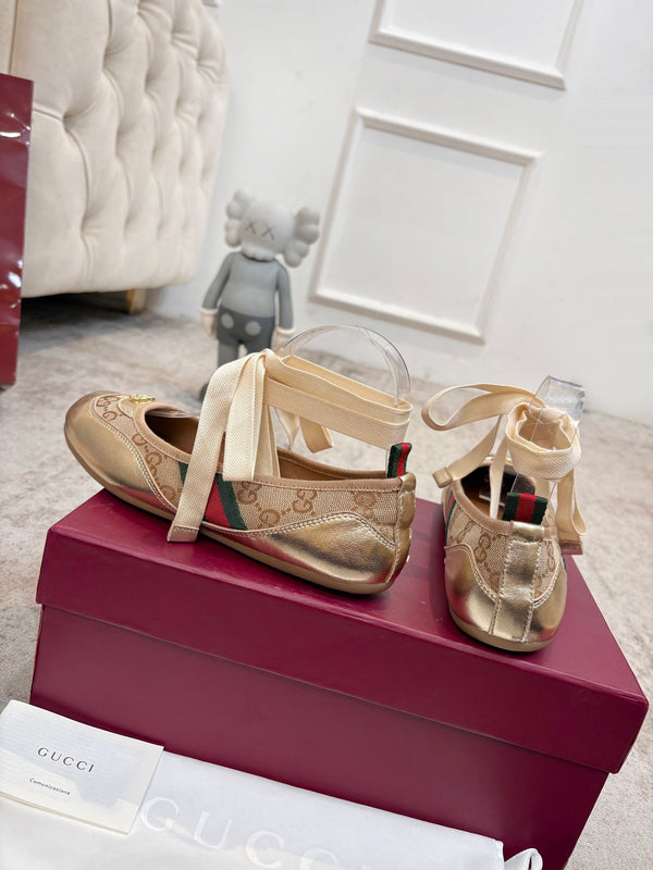 GG Shift Ballerina Flats Beige Jacquard Canvas & Gold Leather 929234