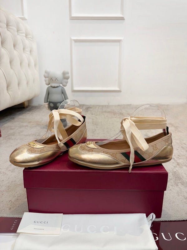 GG Shift Ballerina Flats Beige Jacquard Canvas & Gold Leather 929234
