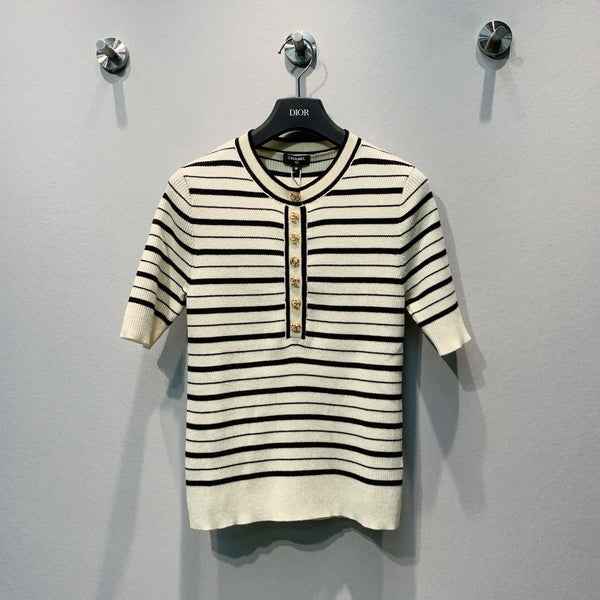 CC Striped Ribbed Knit Short Sleeve Top White Black Silk 411319
