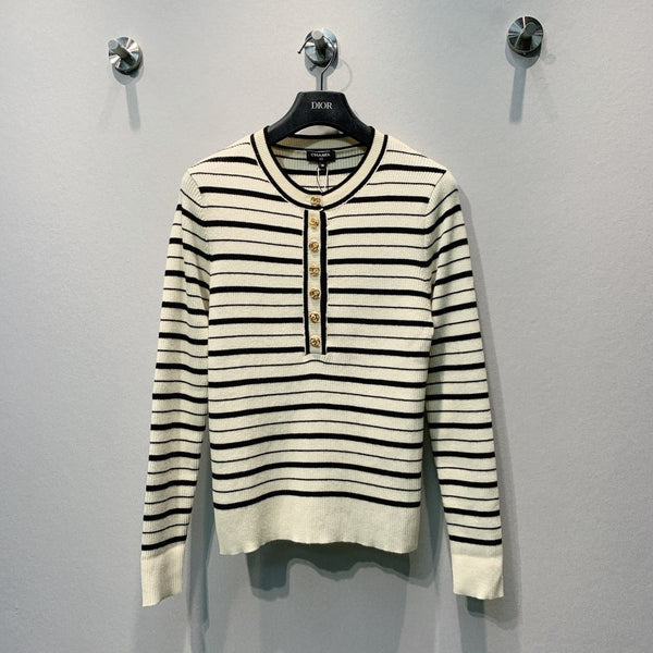 CC Striped Ribbed Knit Long Sleeve Top White Black Silk 411322