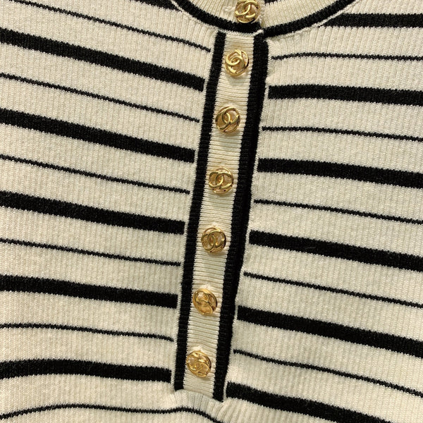 CC Striped Ribbed Knit Long Sleeve Top White Black Silk 411322