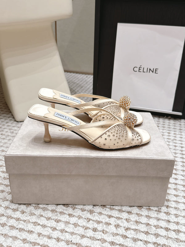 JC Crystal Bow Mule Sandals 5.5CM Ivory Mesh Leather 930964