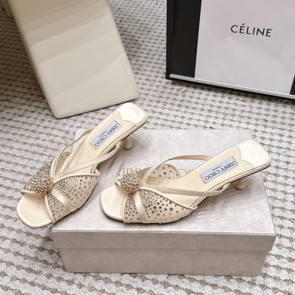 JC Crystal Bow Mule Sandals 5.5CM Ivory Mesh Leather 930964