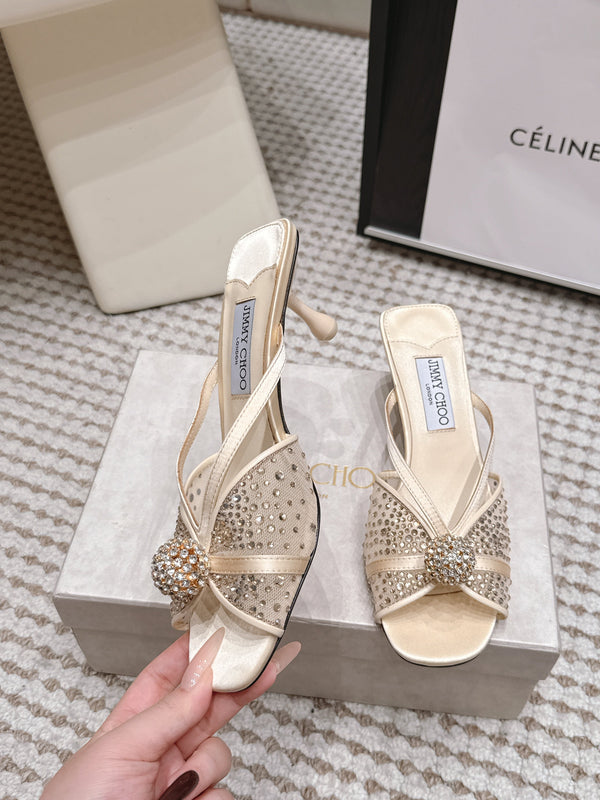 JC Crystal Bow Mule Sandals 5.5CM Ivory Mesh Leather 930964