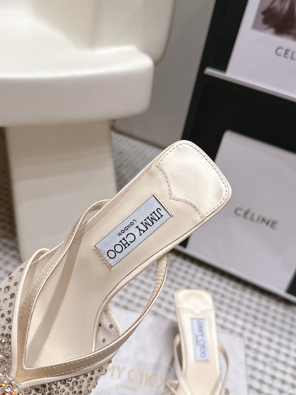 JC Crystal Bow Mule Sandals 5.5CM Ivory Mesh Leather 930964