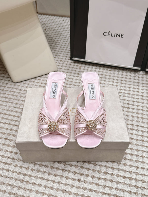 JC Crystal Bow Mule Sandals 5.5CM Pink Mesh Leather 930963
