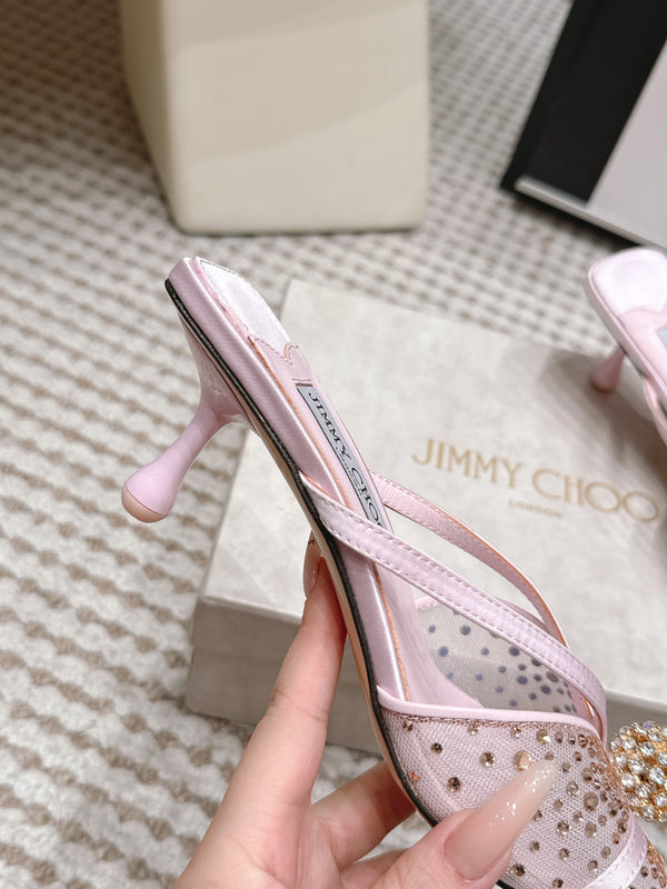 JC Crystal Bow Mule Sandals 5.5CM Pink Mesh Leather 930963