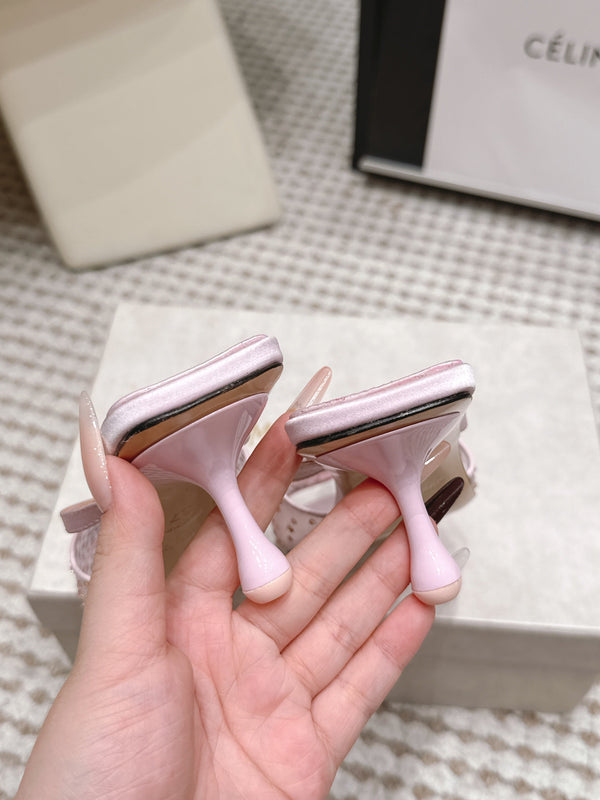 JC Crystal Bow Mule Sandals 5.5CM Pink Mesh Leather 930963