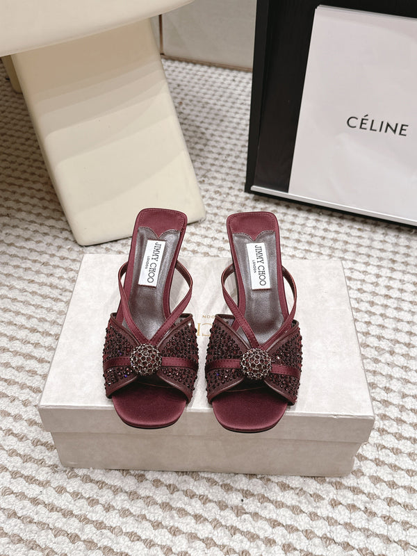 JC Crystal Bow Mule Sandals 5.5CM Burgundy Mesh Leather 930962