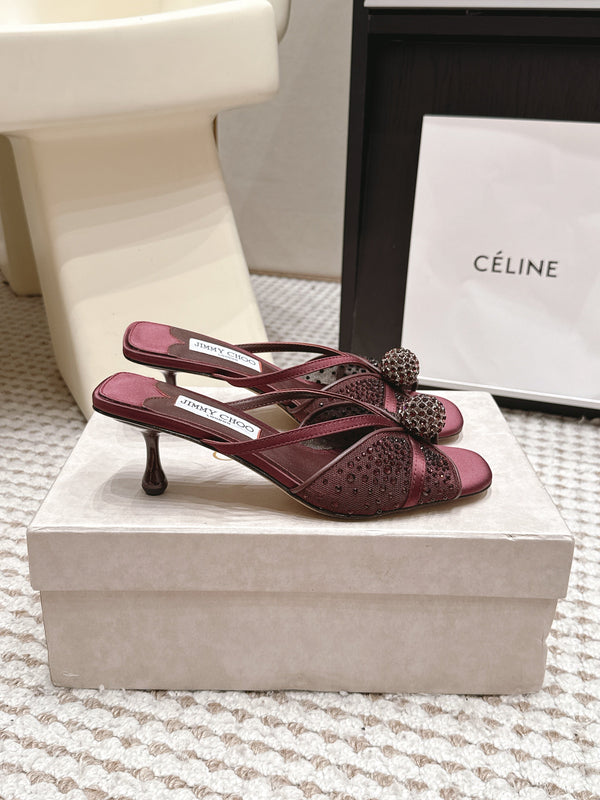 JC Crystal Bow Mule Sandals 5.5CM Burgundy Mesh Leather 930962