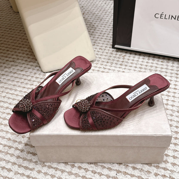JC Crystal Bow Mule Sandals 5.5CM Burgundy Mesh Leather 930962