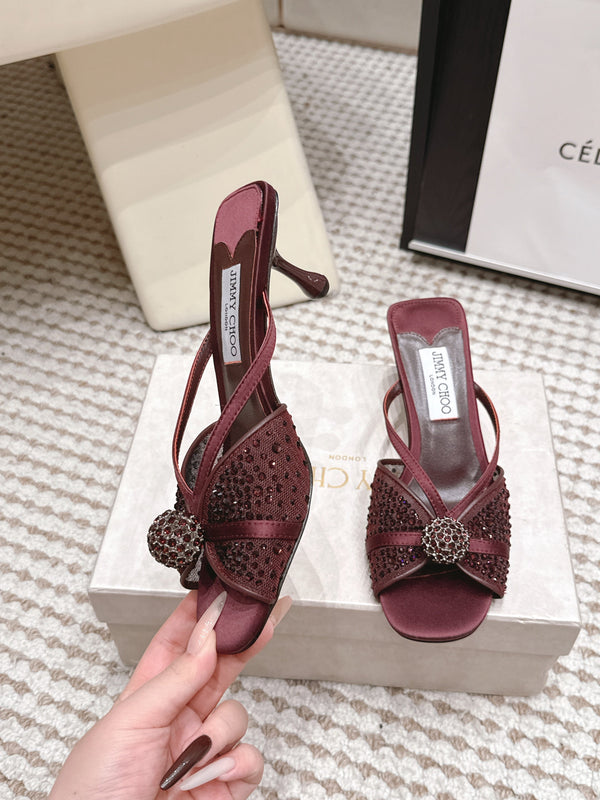 JC Crystal Bow Mule Sandals 5.5CM Burgundy Mesh Leather 930962