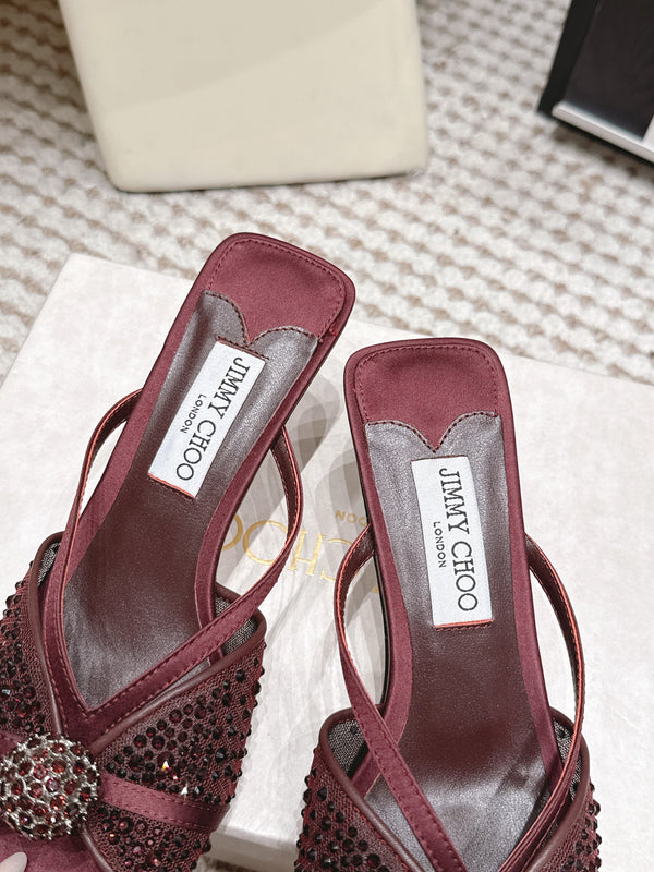 JC Crystal Bow Mule Sandals 5.5CM Burgundy Mesh Leather 930962
