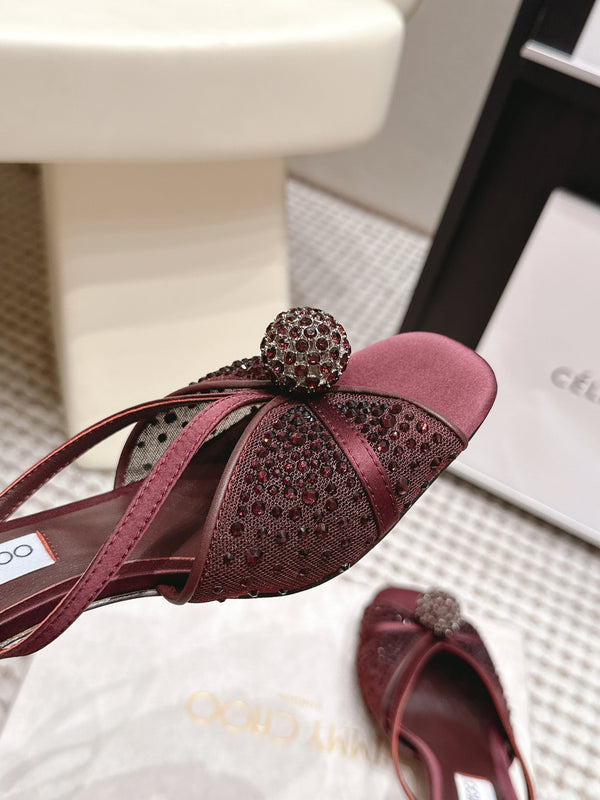 JC Crystal Bow Mule Sandals 5.5CM Burgundy Mesh Leather 930962