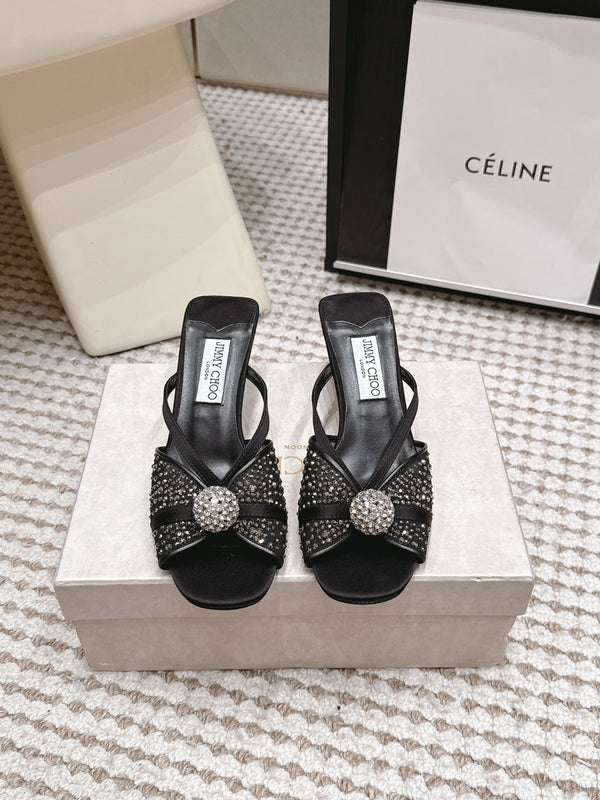 JC Crystal Bow Mule Sandals 5.5CM Black Mesh Leather 930961
