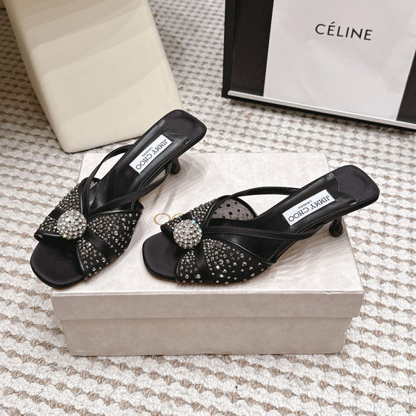 JC Crystal Bow Mule Sandals 5.5CM Black Mesh Leather 930961