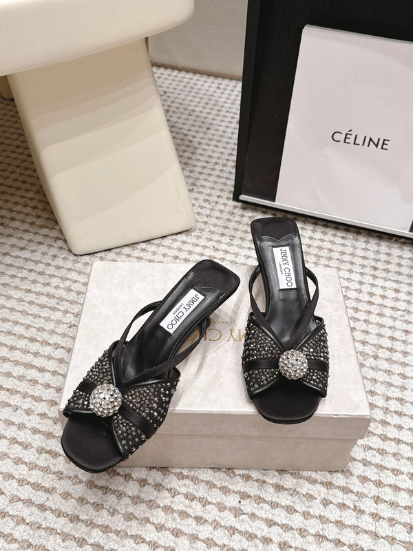 JC Crystal Bow Mule Sandals 5.5CM Black Mesh Leather 930961