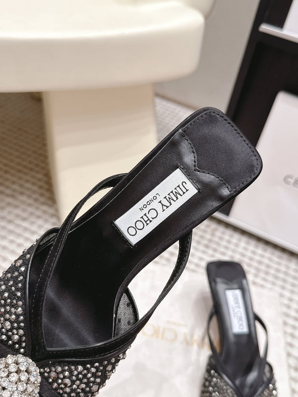JC Crystal Bow Mule Sandals 5.5CM Black Mesh Leather 930961