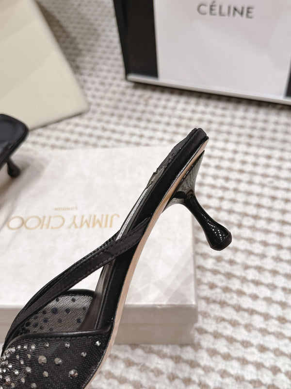 JC Crystal Bow Mule Sandals 5.5CM Black Mesh Leather 930961