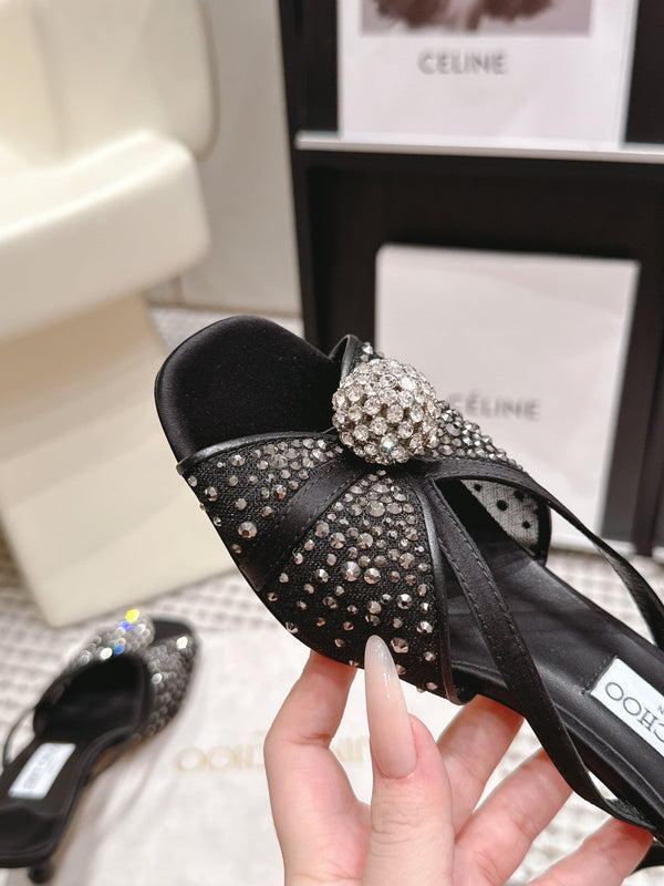 JC Crystal Bow Mule Sandals 5.5CM Black Mesh Leather 930961