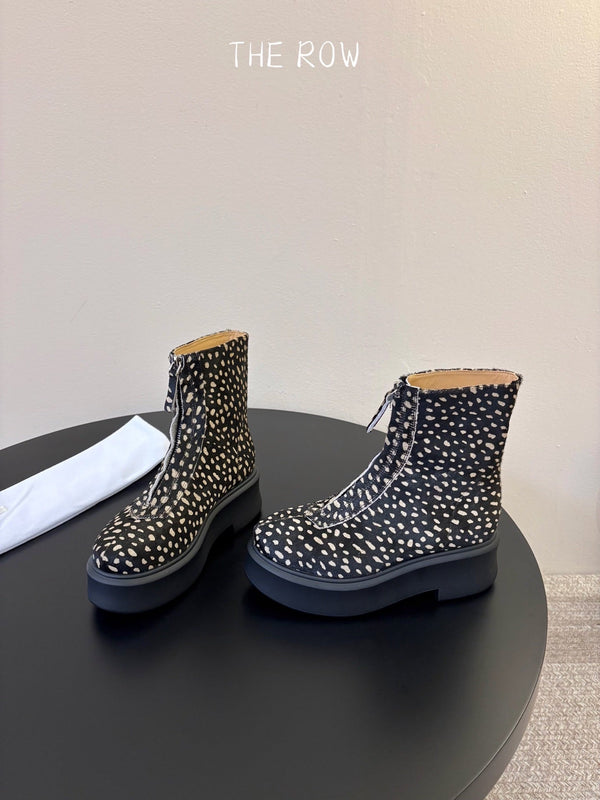 TR Platform Ankle Boots 4CM Black Leopard Pony Hair Leather 933554