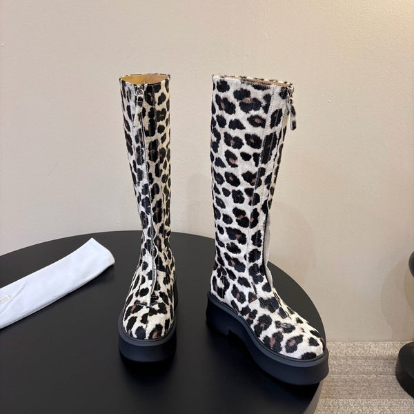 TR Platform Long Boots 4CM Leopard Print Pony Hair Leather 933552