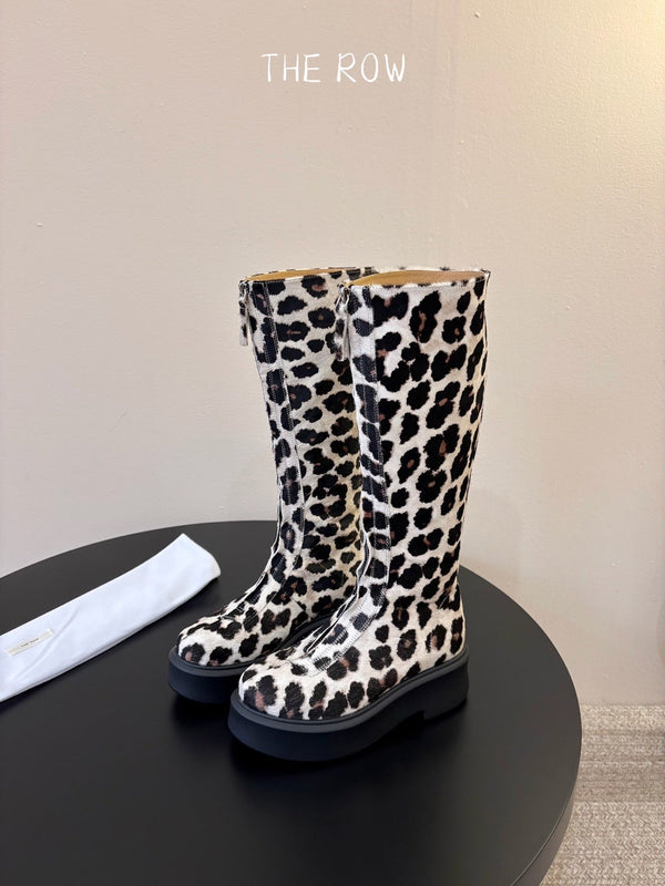 TR Platform Long Boots 4CM Leopard Print Pony Hair Leather 933552