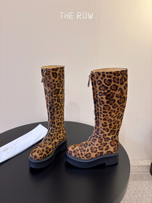 TR Platform Long Boots 4CM Brown Leopard Print Pony Hair Leather 933551