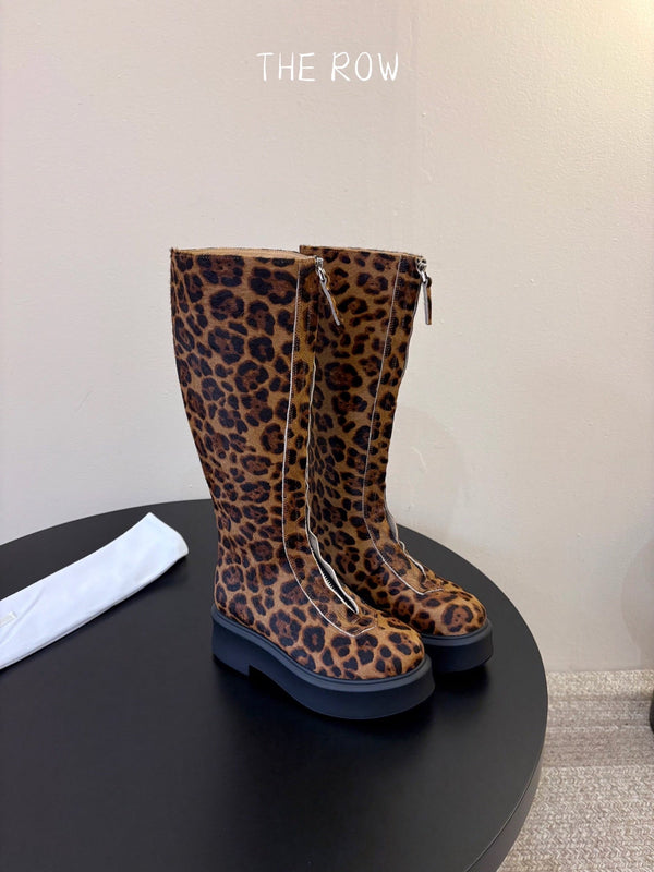 TR Platform Long Boots 4CM Brown Leopard Print Pony Hair Leather 933551