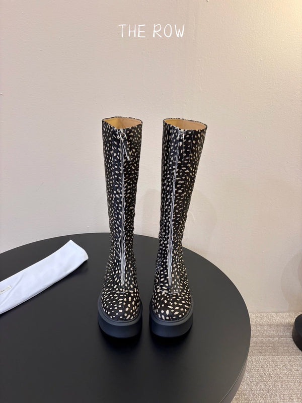 TR Platform Long Boots 4CM Black Leopard Print Pony Hair Leather 933550