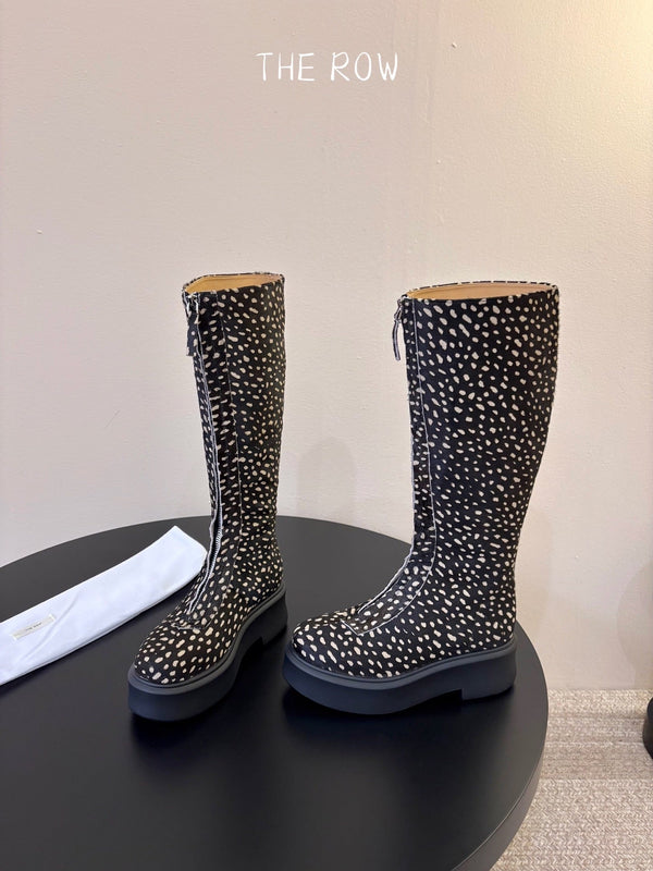 TR Platform Long Boots 4CM Black Leopard Print Pony Hair Leather 933550