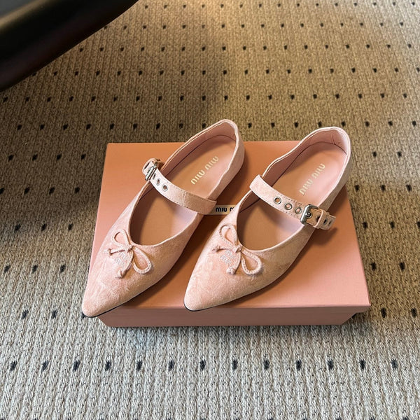 Miu Pointed Toe Bow Mary Jane Flats Pink Suede 933433