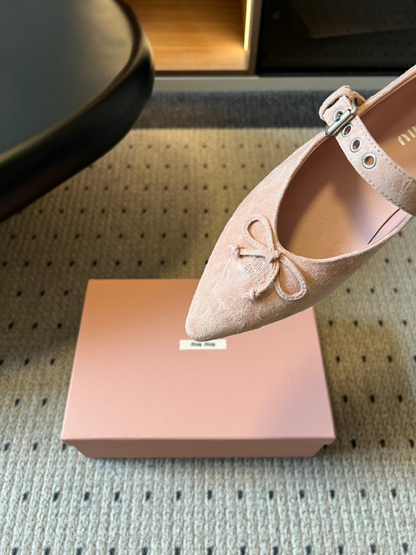 Miu Pointed Toe Bow Mary Jane Flats Pink Suede 933433