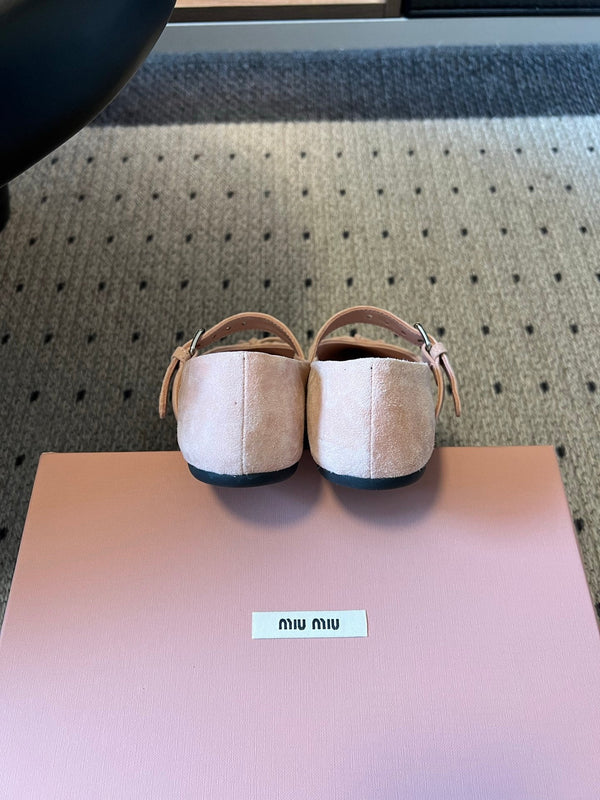 Miu Pointed Toe Bow Mary Jane Flats Pink Suede 933433