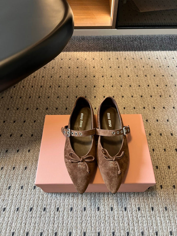 Miu Pointed Toe Bow Mary Jane Flats Brown Suede 933432