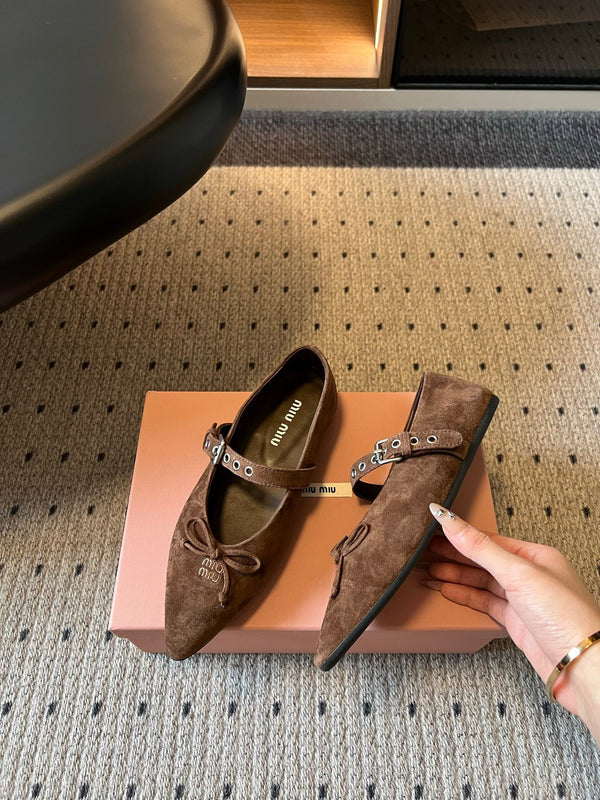 Miu Pointed Toe Bow Mary Jane Flats Brown Suede 933432