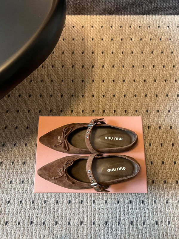 Miu Pointed Toe Bow Mary Jane Flats Brown Suede 933432