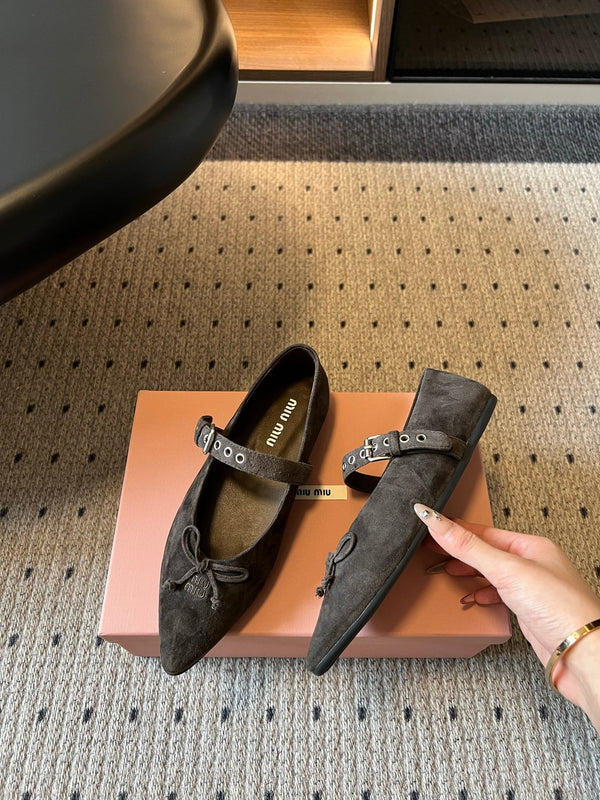 Miu Pointed Toe Bow Mary Jane Flats Dark Brown Suede 933431