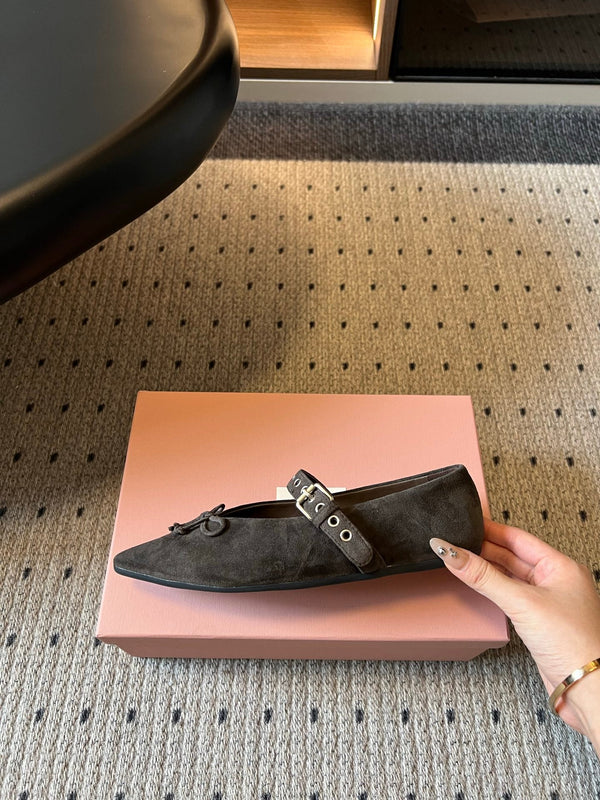 Miu Pointed Toe Bow Mary Jane Flats Dark Brown Suede 933431