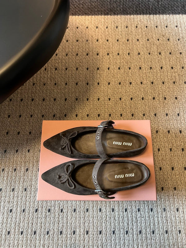 Miu Pointed Toe Bow Mary Jane Flats Dark Brown Suede 933431
