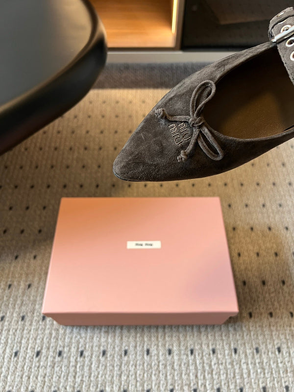 Miu Pointed Toe Bow Mary Jane Flats Dark Brown Suede 933431