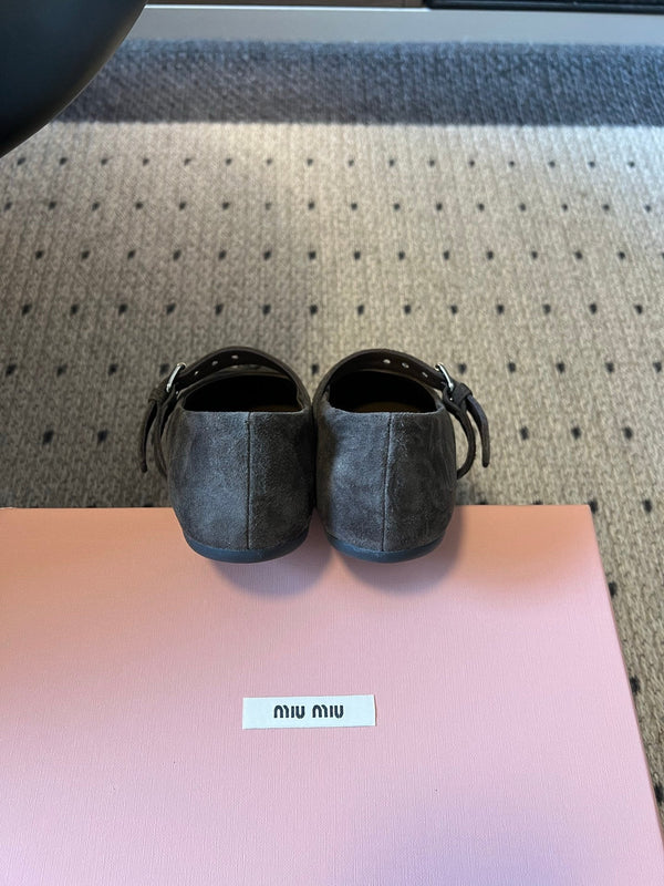 Miu Pointed Toe Bow Mary Jane Flats Dark Brown Suede 933431