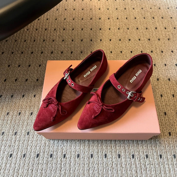 Miu Pointed Toe Bow Mary Jane Flats Red Suede 933430
