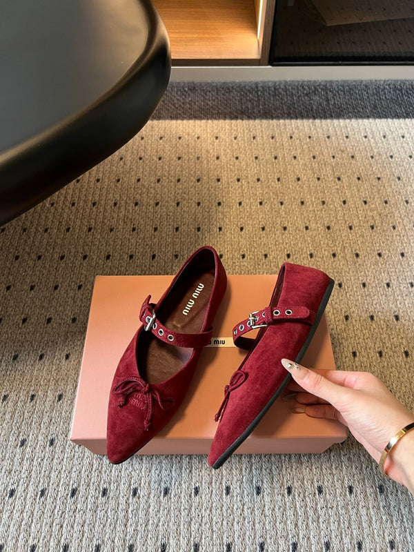 Miu Pointed Toe Bow Mary Jane Flats Red Suede 933430
